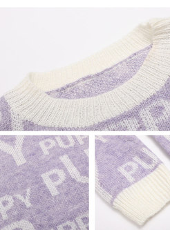 Purple Chic Letter Jacquard Thicken Autumn Sweater