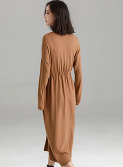 Camel V-neck Long Sleeve Tie-waist Split Knitted Dress