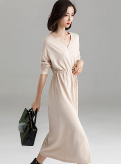 Apricot V-neck Long Sleeve Tie-waist Split Knitted Dress