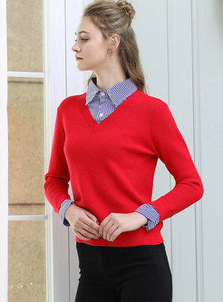 Plus Size Striped Splicing Lapel Knitted Sweater
