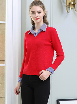 Plus Size Striped Splicing Lapel Knitted Sweater