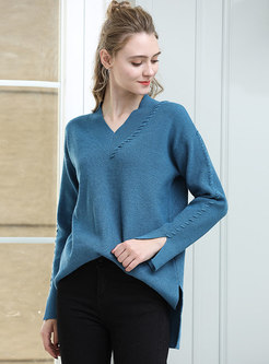 Chic Blue V-neck Flare Sleeve Asymmetric Sweater