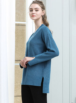 Chic Blue V-neck Flare Sleeve Asymmetric Sweater