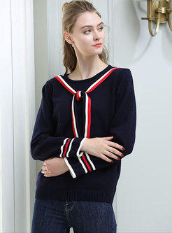 Trendy Color-blocked O-neck Bowknot Loose Sweater