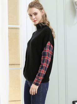 Stylish Grid Splicing High Neck Knitted Sweater