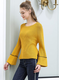 Chic Color-blocked Flare Sleeve Tied-waist Asymmetric Slim Sweater