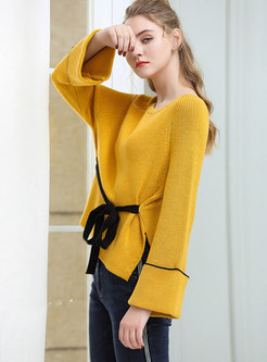 Chic Color-blocked Flare Sleeve Tied-waist Asymmetric Slim Sweater