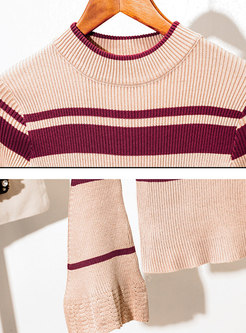 Stylish Striped Flare Sleeve Slim Sweater
