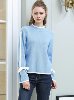 Elegant Color-blocked Flare Sleeve Bowknot Knitted Sweater