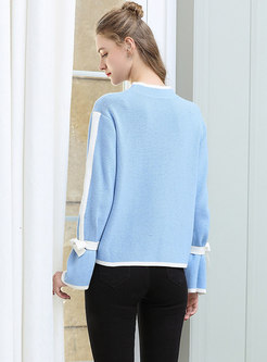 Elegant Color-blocked Flare Sleeve Bowknot Knitted Sweater