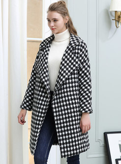 Fashion Grid Turn Down Collar Straight Woolen Coat
