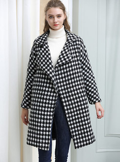 Fashion Grid Turn Down Collar Straight Woolen Coat