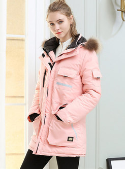 Stylish Color-blocked Hooded Fur Collar Thick Coat