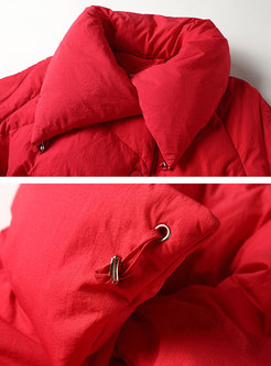 Stylish Red Turn Down Collar Belted Hem Down Coat