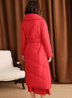 Stylish Red Turn Down Collar Belted Hem Down Coat