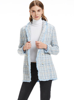 Light Blue Tweed Hairy Coat With Single-breasted 