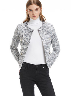 Trendy Solid Color Tweed Plaid Slim Short Coat