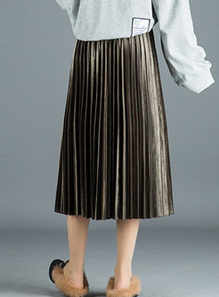 Pure Color Gold Velvet Pleated A Line Skirt