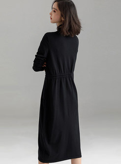 Casual Monochrome Half High Neck Belted Knitted Dress