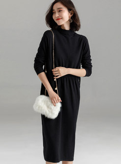 Casual Monochrome Half High Neck Belted Knitted Dress