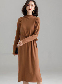 Casual Camel Half High Neck Belted Knitted Dress