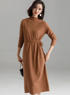 Casual Camel Half High Neck Belted Knitted Dress