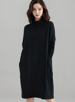 Autumn High Neck Knitted Loose Dress With Pockets