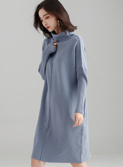 Autumn High Neck Knitted Loose Dress With Pockets