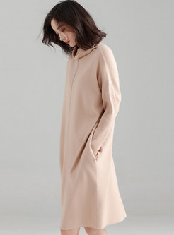 Autumn Apricot High Neck Knitted Loose Dress With Pockets