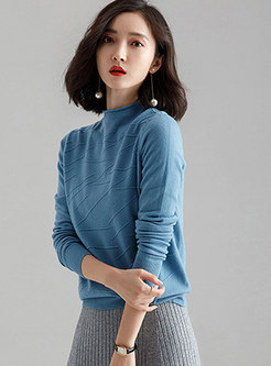 Trendy Blue Mid High Neck All-matched Knitted Sweater