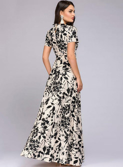 Elegant O-neck Short Sleeve Print Maxi Dress