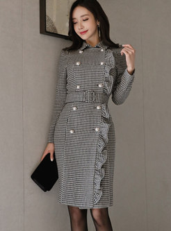 Autumn Notched Houndstooth Double-breasted Sheath Dress