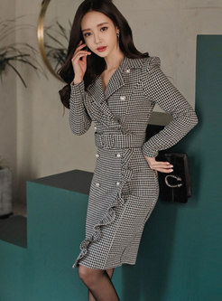 Autumn Notched Houndstooth Double-breasted Sheath Dress