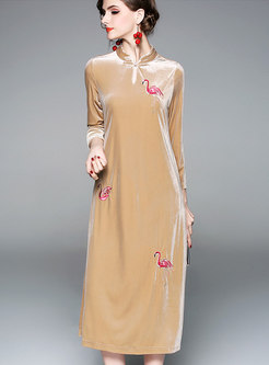 Stylish Velvet Embroidered Mandarin Collar Maxi Dress
