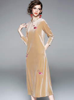 Stylish Velvet Embroidered Mandarin Collar Maxi Dress