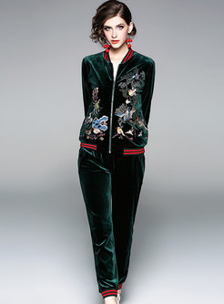 Velvet Color-blocked Embroidered Stand Collar Short Coat & Harem Pants