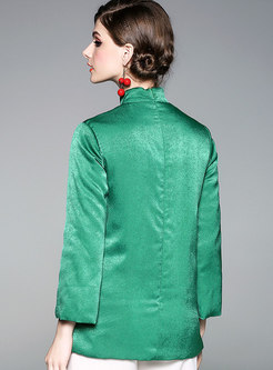Retro Stand Collar Embroidered Side-slit Slim Coat