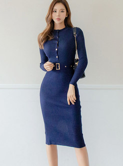 Fashion Blue Single-breasted Knitted Sheath Dress