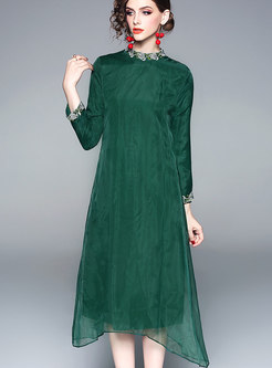 Elegant Green Stand Collar Embroidered Asymmetric Gauze Dress