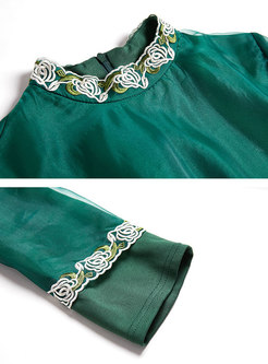 Elegant Green Stand Collar Embroidered Asymmetric Gauze Dress