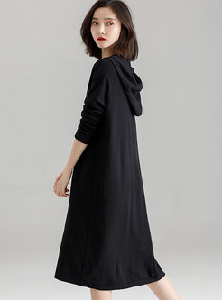 Autumn Hooded Asymmetric Sweater Dress With Drawstring