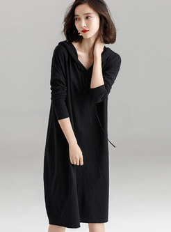 Autumn Hooded Asymmetric Sweater Dress With Drawstring
