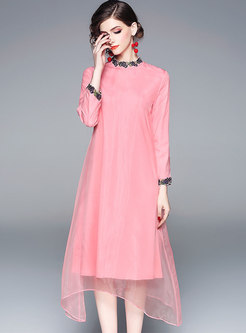 Elegant Pink Stand Collar Embroidered Asymmetric Gauze Dress