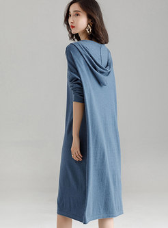 Autumn Blue Hooded Asymmetric Drawstring Sweater Dress 