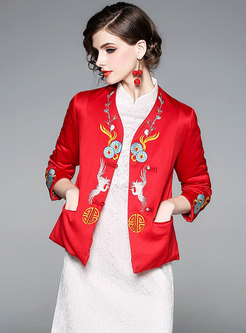 Chic Red Embroidered V-neck Single-breasted Short Coat