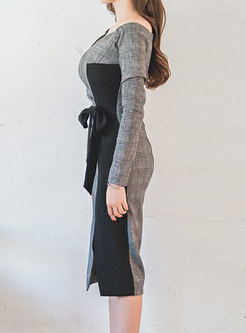 Trendy Stitching V-neck Long Sleeve Split Dress