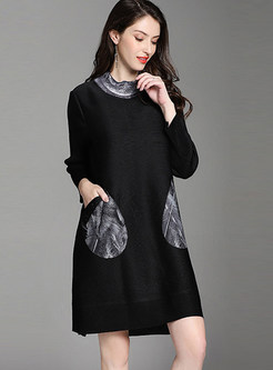 Turtle Neck Long Sleeve Pocket Pullover Mini Dress