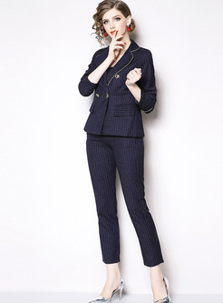 Notched Collar Double-breasted Striped Pant Suits