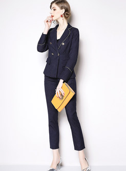 Notched Collar Double-breasted Striped Pant Suits
