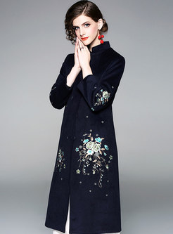 Fashion Stand Collar Embroidered Single-breasted Slim Coat